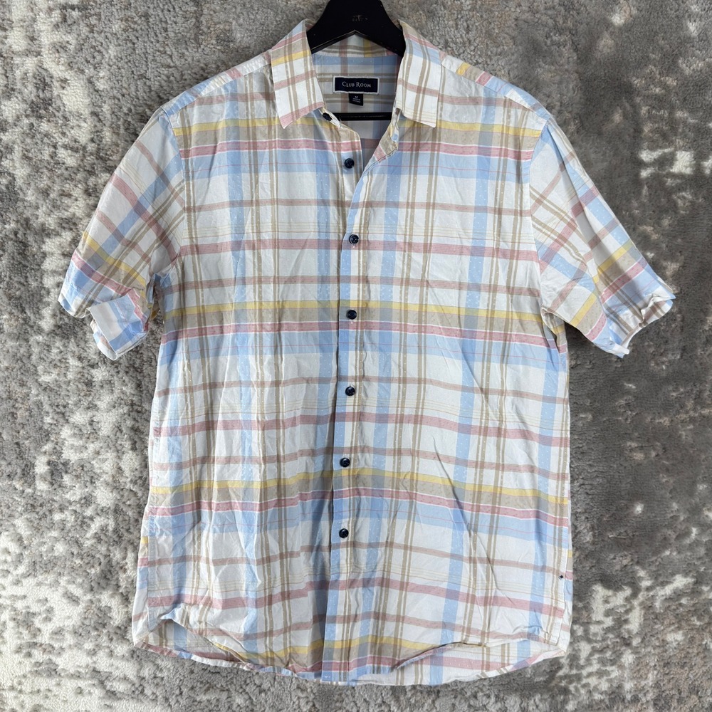 Club Room Sz M Plaid Textured Dobby Button Up Shirt Multicolor Short Sleeve Mens